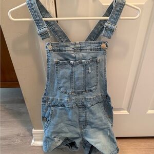 No Boundaries Light Wash Denim Shortalls with Pink Logo